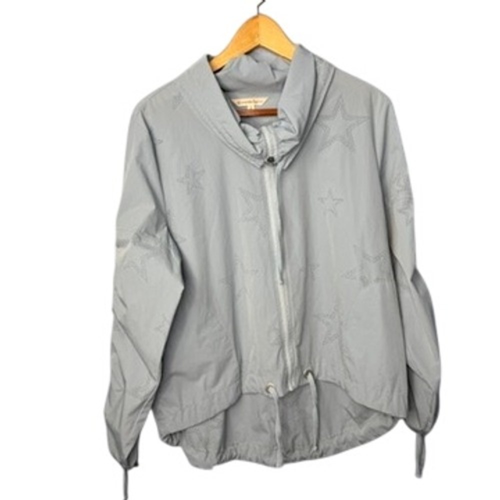 Nanette Lepore Windbreaker Jacket Womens L Blue Perforated Star Ruched Sleeve